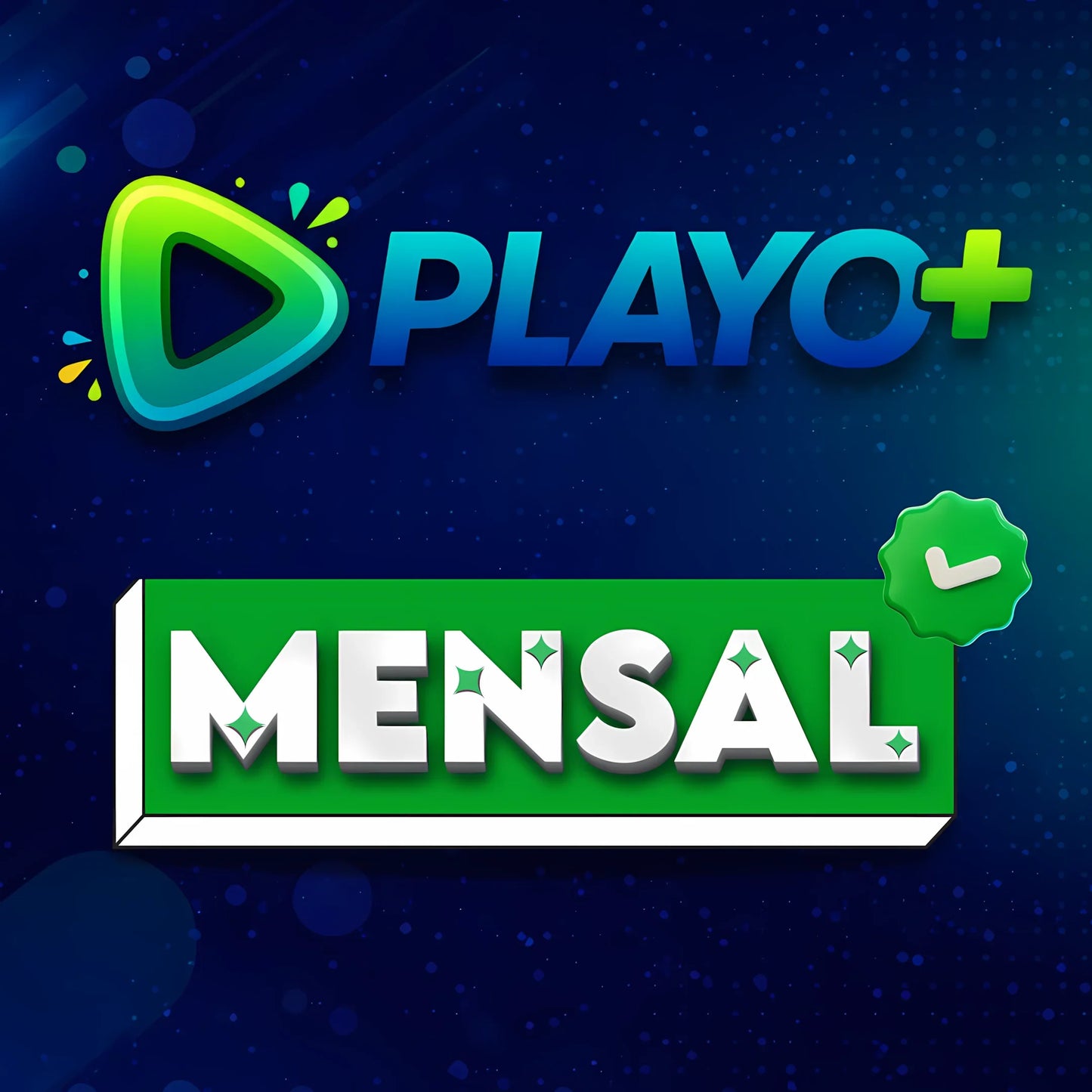 Banner Playo Plus escrito MENSAL, oferta de IPTV premium com fundo azul digital.