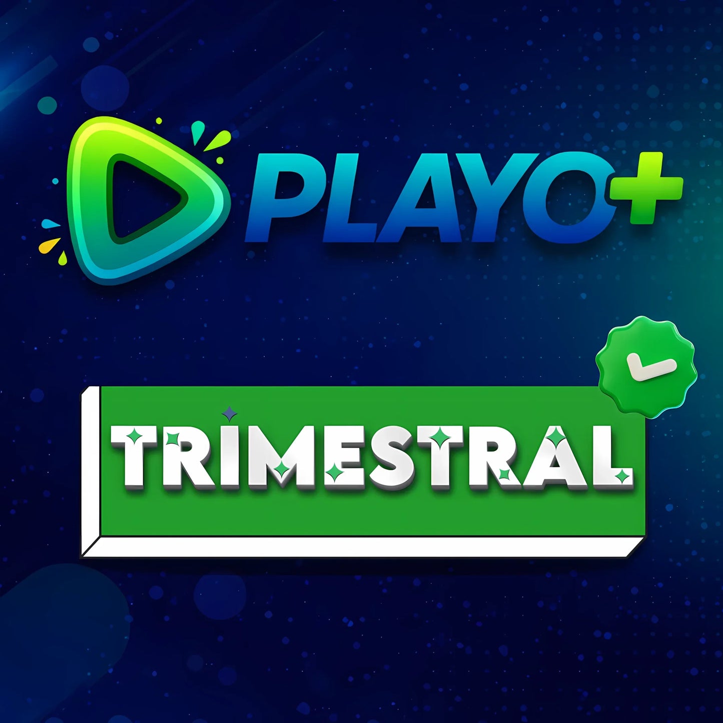 Banner Playo Plus com logo e destaque do plano Trimestral em fundo azul digital.